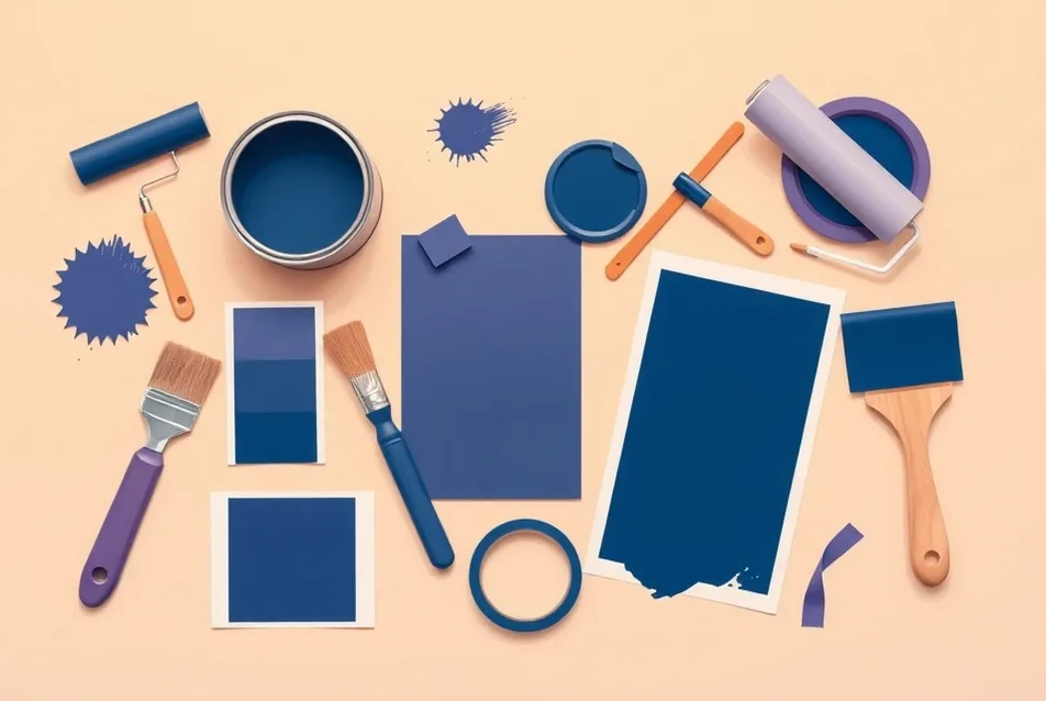 Pots de peinture, nuancier, brosses et rouleaux disposés à plat