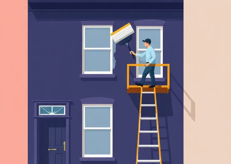 Peintre sur échafaudage traitant la façade d'une maison